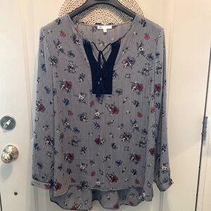 DR2 Boho Floral Striped Hi Lo Blouse/Tunic Tassel Tie V-Neck Rolled Up Sleeve XL